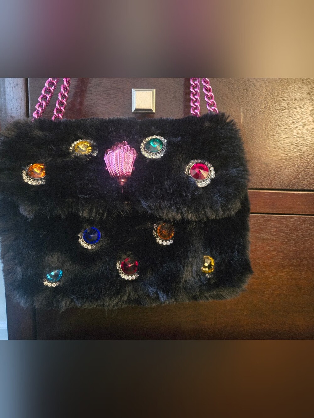 Black Faux Fur Gem-Embellished Shoulder Bag with Pink Chain Kurt Geiger